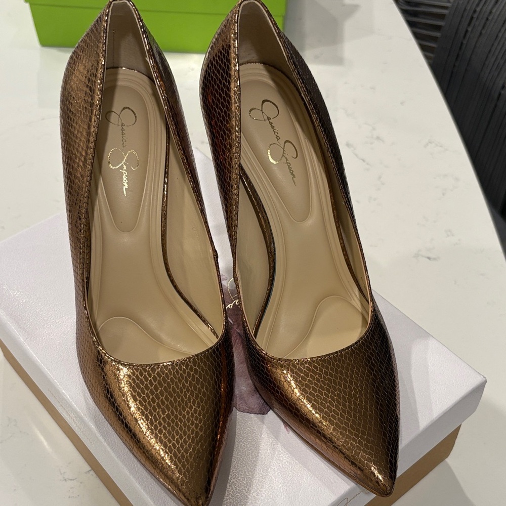 Jessica Simpson Levila Metallic Bronze Snake Prt Pointed-Toe Pumps - Women's 9M